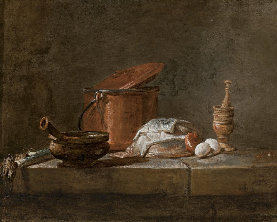Still Life with Leeks, a Casserole with a cloth, and a Copper Pot