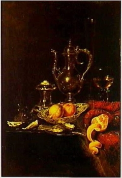 Still life with silver pitcher, porcelain, oysters, roemer and salt cellar, 1664
