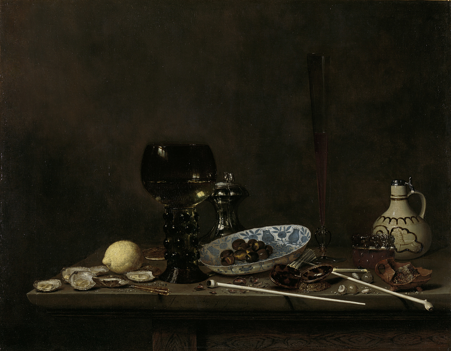 Still life with wineglass, flute, glass, earthenware jug and pipes
