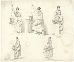 Studies van een vrouw die water uit een put haalt en een kruik uitschenkt by Pieter van Loon
