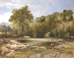 The River Ogwen at Cochwillan Mill, with the artist fishing, watched by General Cartwright by Frederick Richard Lee