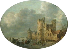 Traffic on the Ice in front of a Fortified Town wall by Jan van Goyen