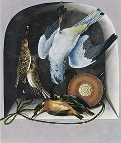 Trompe l'oeil with a hunting still life of birds and a flacon in a niche