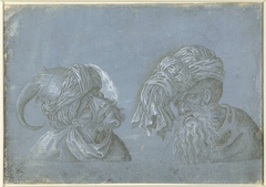 Twee hoofden van mannen met hoofddeksels by Unknown Artist