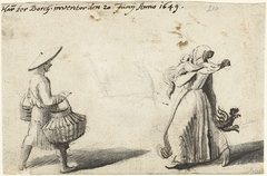 Twee vrouwen die gevogelte dragen, van achteren by Harmen ter Borch