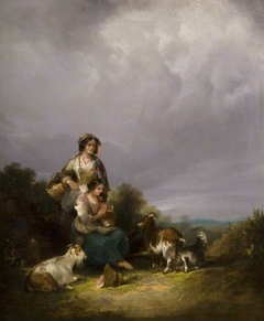 Two Young Women And Goats In A Landscape