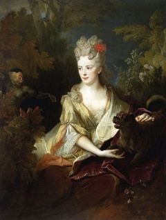 Portrait of a lady with a dog and a monkey
