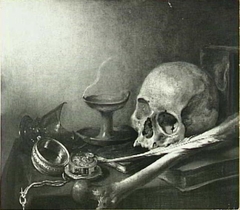 Vanitas with skull, broken glass and watch by Pieter Claesz