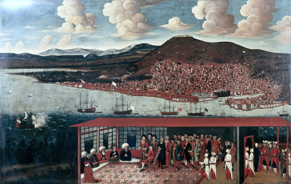 View of Smyrna (Izmir) and the Reception Given to Consul de Hochepied in the Council Chamber