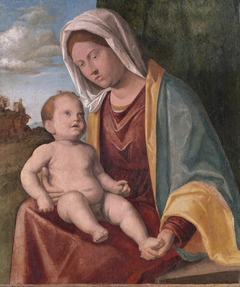 Virgin and Child before a Curtained Landscape by Cima da Conegliano