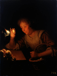 Woman holding an Egg up against a Lamp