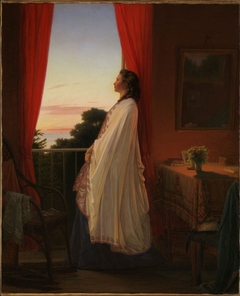 Young Lady looking at the Summer Night from an Open Door of a veranda by Jørgen Sonne