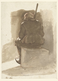 Zittende man met stok, op de rug gezien by Albertus Brondgeest
