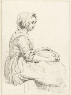 Zittende vrouw met een schotel op haar schoot, naar rechts by Abraham van Strij I