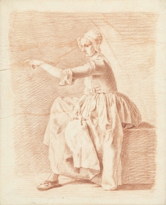 Zittende vrouw op een kist, wijzend naar links by Unknown Artist