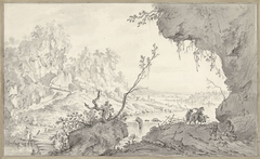 Zuidelijk rivierlandschap met grillige rotsformaties en vijf figuren by Unknown Artist