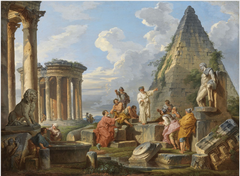 A Capriccio with Saint Paul Preaching to the Romans, with the Temple of Vesta and Pyramid of Caius Cestius by Giovanni Paolo Panini