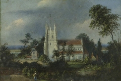 A Church and Cottage in a Landscape by John Taylor