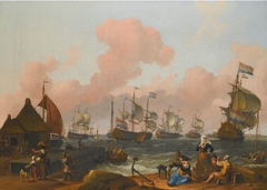 A Coastal Landscape with Many Figures on the Shore by a Quay, with Several Two-Deckers in a Stiff Breeze beyond
