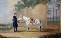 A Grey Horse and Groom outside a Gate
