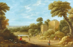 A landscape with figures in front of a ruin by Joost Cornelisz Droochsloot