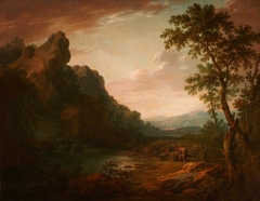 A Mountainous Classical Landscape , with two Figures beside a Pool by Robert Carver