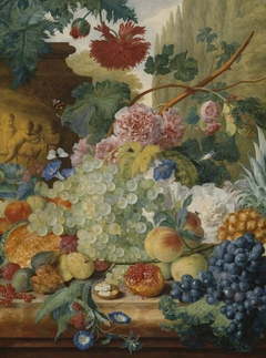 A Still Life of Flowers and Fruit, upon a Ledge, in a Park Setting by Jan van Huysum