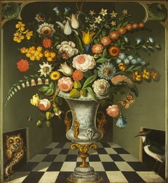 A Vase of Flowers with Owl and Lapwing by Anonymous