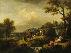 An Italian Landscape with Figures by a Waterfall and a Man on Horseback by Francesco Zuccarelli