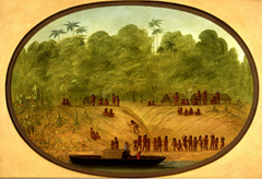An Omagua Village - Boat Sketch by George Catlin
