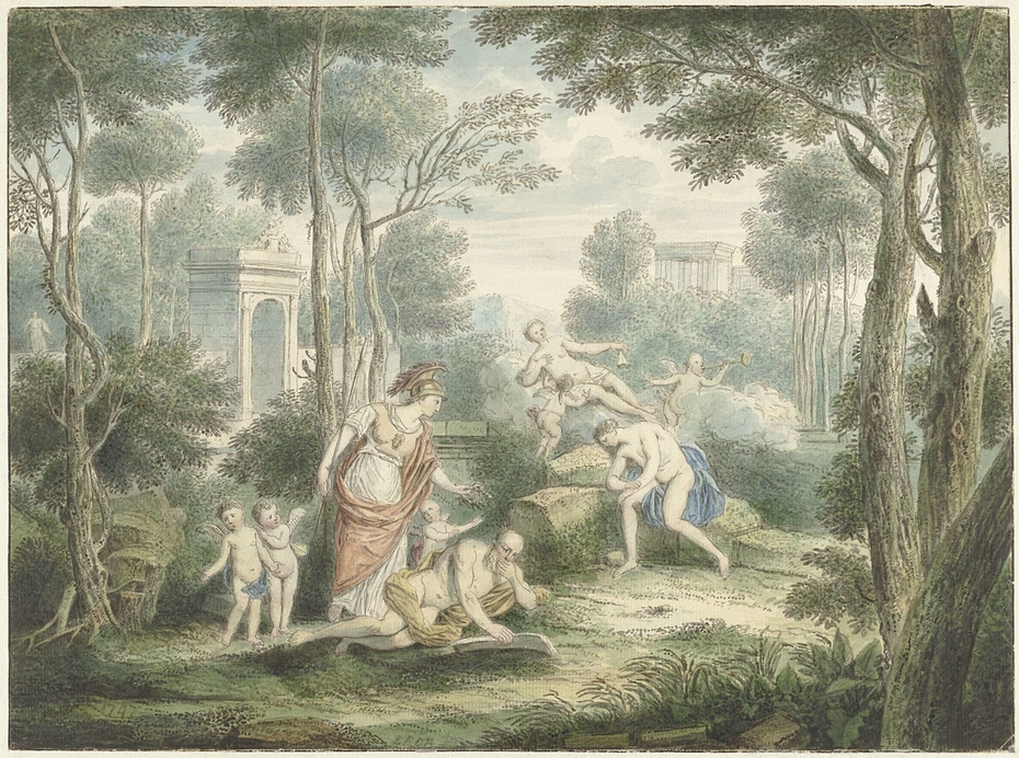 Arcadisch landschap met Athene die een oude man kroont en Venus en Adonis