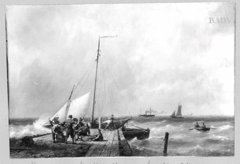 boats + fishermen at the shore by Johannes Hermanus Barend Koekkoek