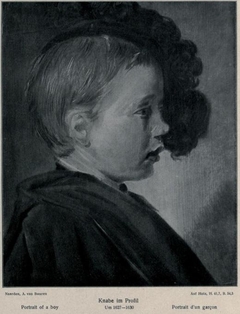 Boy in profile wearing a feathered beret