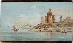 Caprice, avec forteresse en ruine au bord de la lagune by Niccolo Guardi
