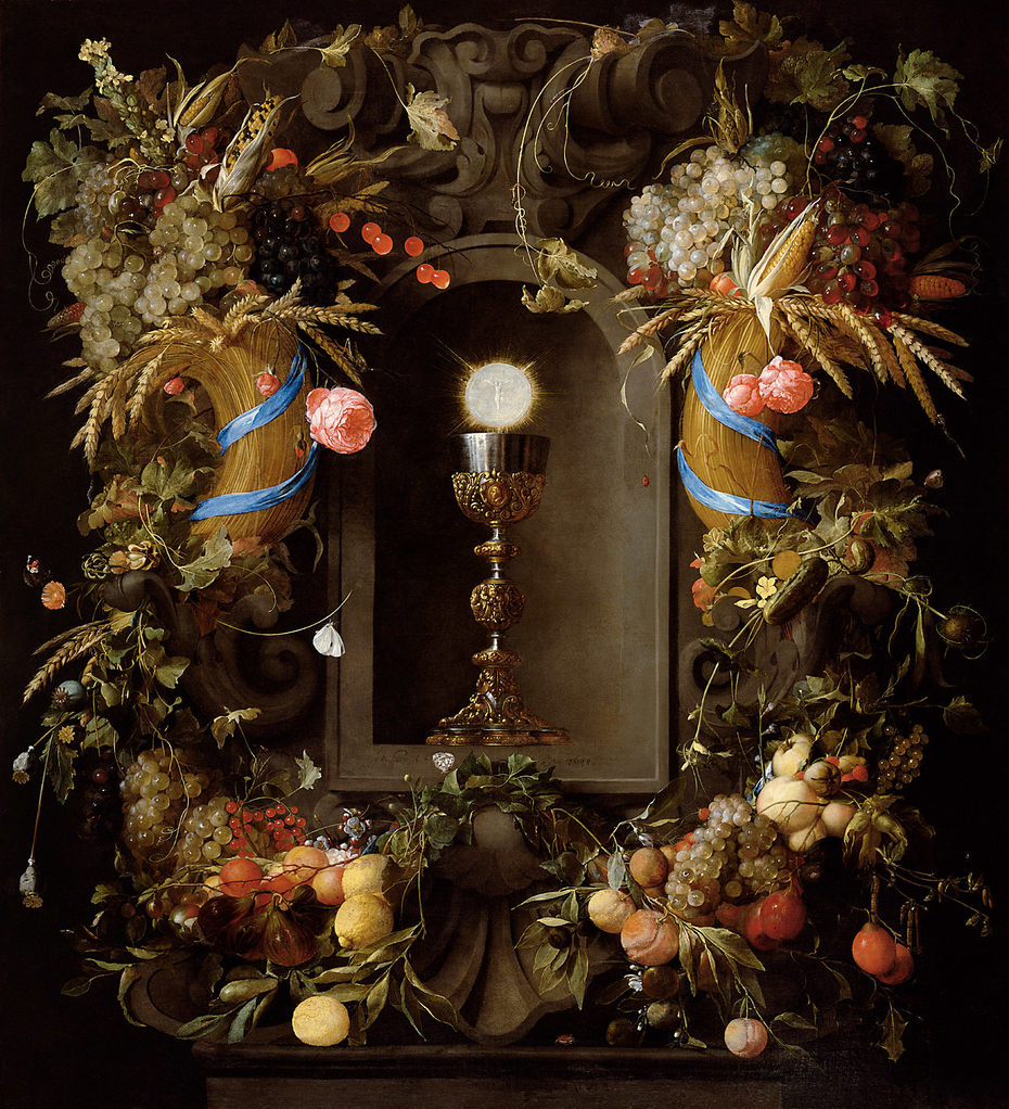 Chalice and Host in a Niche, within a Cartouche of Roses and Fruit