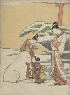 Courtesan Watching Two Kamuro Make a Snow Dog