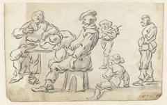 Drie boeren aan een tafel en drie andere figuren by Unknown Artist