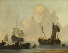 Dutch shipping with a raft near the shore by Willem van de Velde the Younger