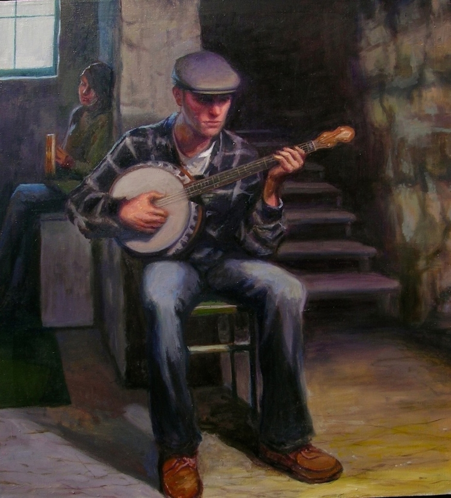 "El Musico: Banjo Player" by Lydia Martin© oil on Belgian linen/ Lotería series (22"x20")