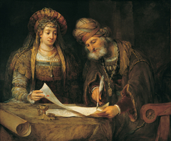 Ester y Mardoqueo escribiendo la primera carta del Purim (Ester, 9:20-21) by Arent de Gelder