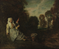 Evening landscape with spinner by Antoine Watteau
