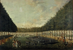 Exercise of the excercitie society "Pro Patria et Libertate" on the lawn of the Sterrebos Utrecht (1783 - 1787) by Anoniem Noord-Nederlands