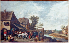 Fête de village avec joueur de cornemuse sur un tonneau by Thomas van Apshoven