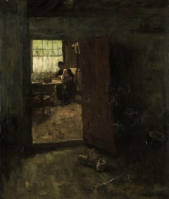 Gezicht in een binnenhuis met boerin en kind by Jacob Simon Hendrik Kever