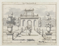 Gezicht in een ornamentale tuin met fontein en poort by Josua de Grave