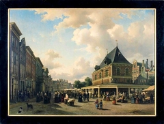 Gezicht op zuidzijde van de Nieuwestad, met rechts Waag tijdens marktdag, te Leeuwarden by Elias van Bommel