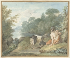 Herderin met geiten in een landschap met een meer by Aert Schouman