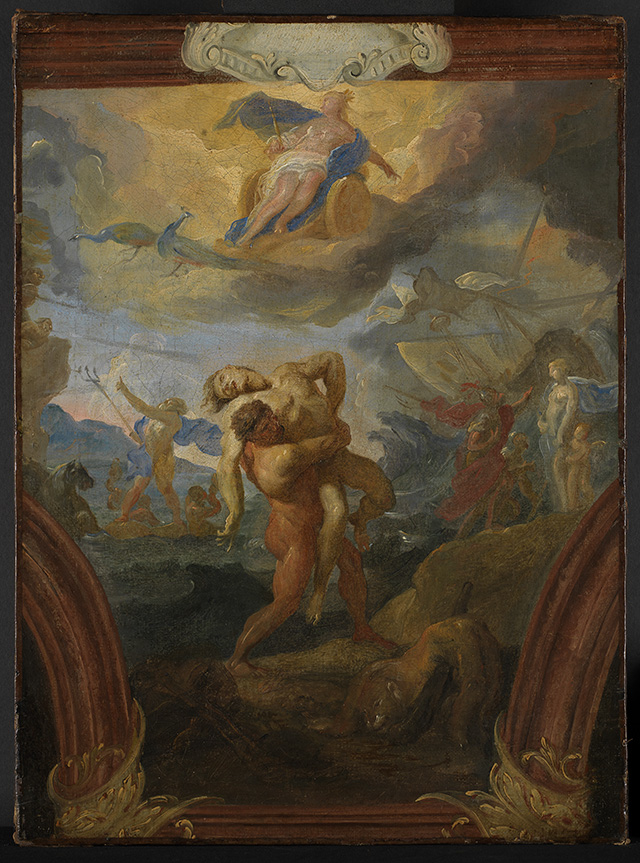 Herkules und Antäus, am Himmel Juno auf ihrem Wagen