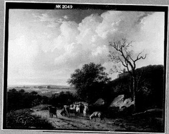 Heuvelig landschap met herder en kudde op een zandweg by Louis-Pierre Verwee