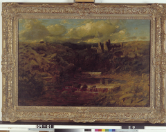 Heuvelig rivierlandschap met ruïne by Edmund John Niemann